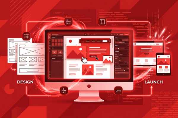Webflow visual web development platform interface diagram showing design, CMS, and launch workflow. 
