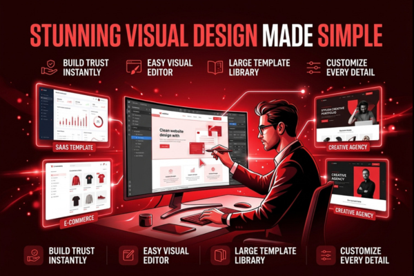 Designers build websites with a visual editor, floating website templates, and feature highlights like template libraries and full customization.