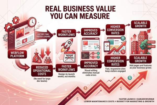 Visual summary diagram illustrating the measurable business benefits and compounding gains of using Webflow.