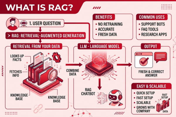 Infographic titled "What Is RAG?" showing how a user question leads to knowledge lookup and LLM generation for accurate answers, with benefits like no retraining and easy setup. 