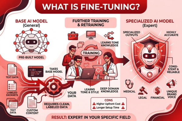 An infographic illustrating how base AI models are retrained with custom data to create specialized expert models.