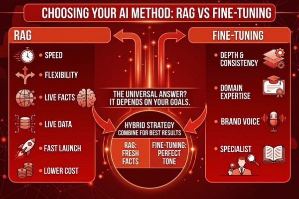 Infographic comparing AI methods with a red theme: RAG highlights speed and live facts; Fine-Tuning highlights depth and consistency. A central brain icon links both to "Goal: Find the Best Fit.